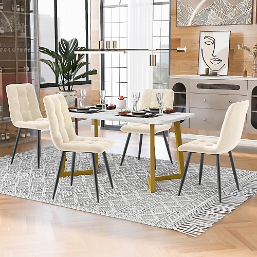 Ensemble table à manger 117 cm avec 4 chaises en velours beige pieds dorés style moderne rectangulaire | Chaise
