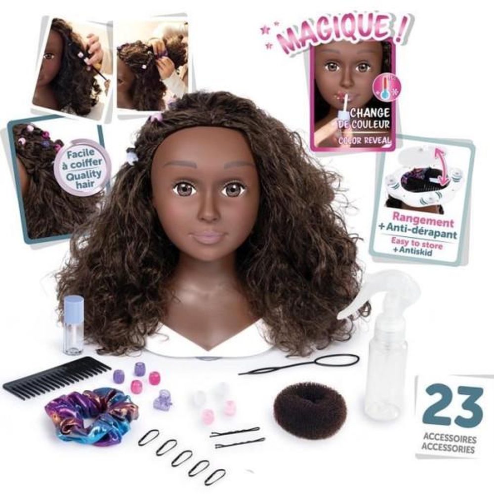 SMOBY Smoby - tete a coiffer cheveux afro - facile a coiffer - 23 accessoires réalistes - levres thermosensibles - trappe de rangemen