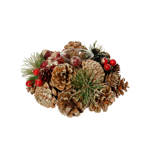PHOTOPHORE POMMES DE PIN ET BAIES ROUGES - ∅18CM