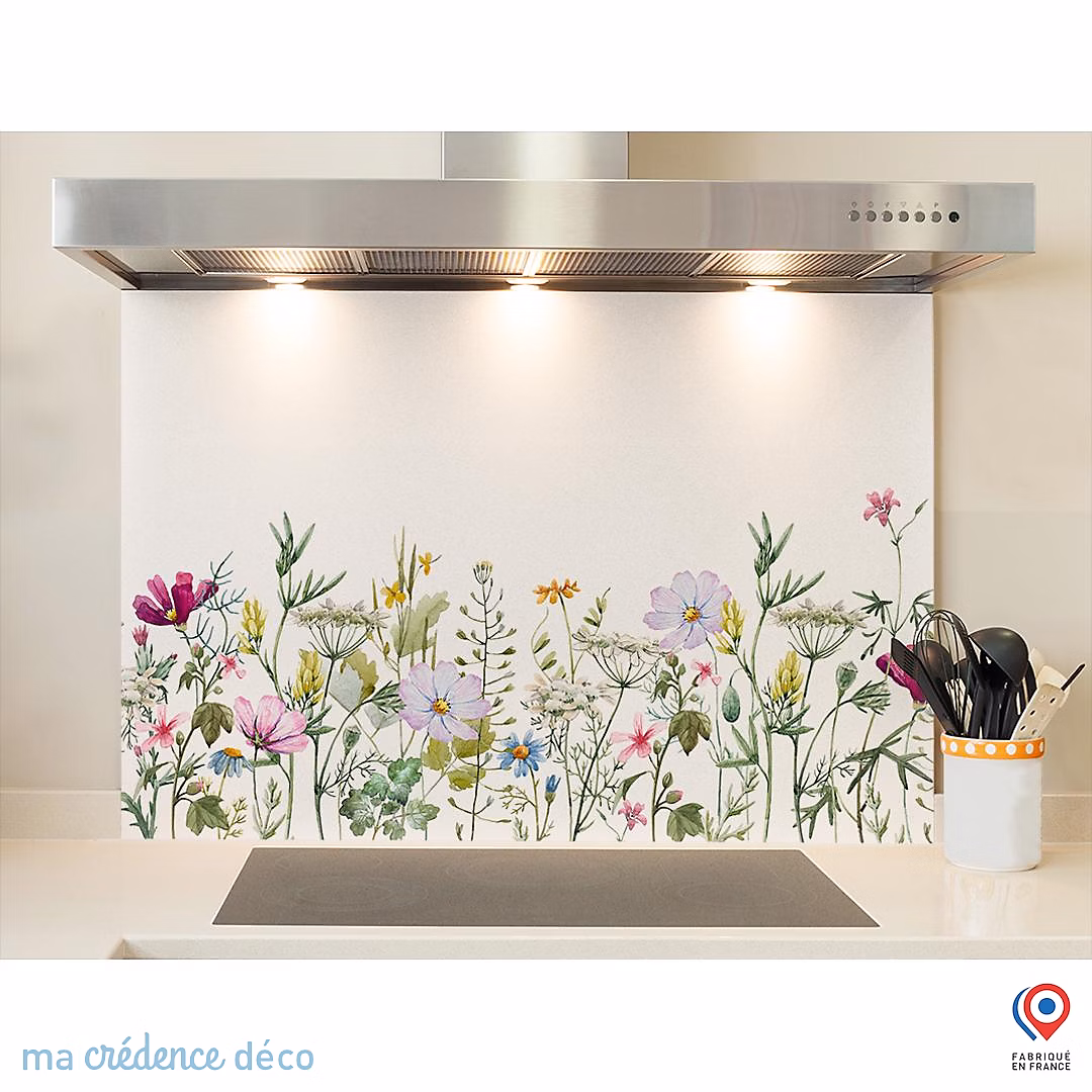 Crédence cuisine fond de hotte Dessin fleurs et aquarelle 2 – Alu composite, L 90 cm x H 60 cm, MaCrédenceDéco