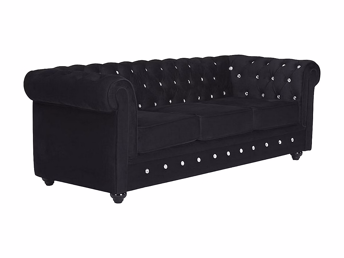 Canapé 3 places CHESTERFIELD – velours noir et boutons effet cristal