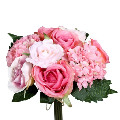 Pour personnaliser votre jardin：Bouquet de fleurs artificielles Rose et Hortensia rose – 35 cm