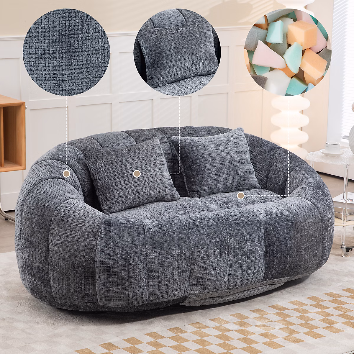 Canapé 2 places 150 × 95 × 63 cm en chenille | pouf lounge rembourré mousse haute densité – confortable