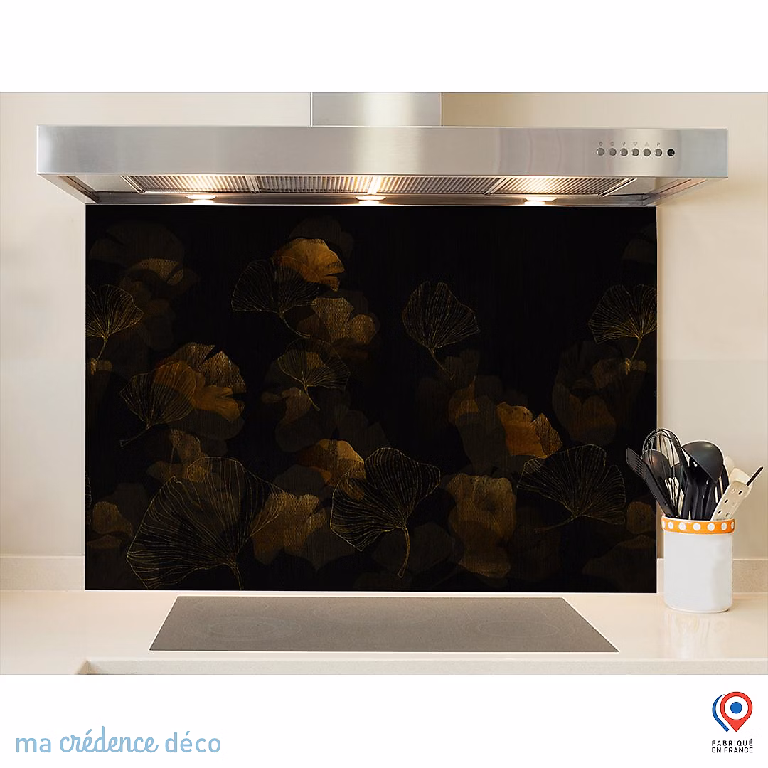 Crédence cuisine fond de hotte Gingkos dorés 2 – Alu composite | L 90 cm x H 70 cm | MaCrédenceDéco