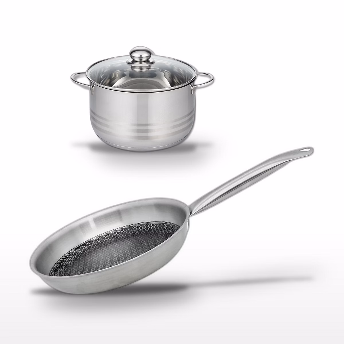Matériel de cuisson – Batterie de cuisine avec 1 poêle de cuisson 28 cm et 1 faitout 20 cm en inox sans PFAS Elo Collection Relief Solution Brillant