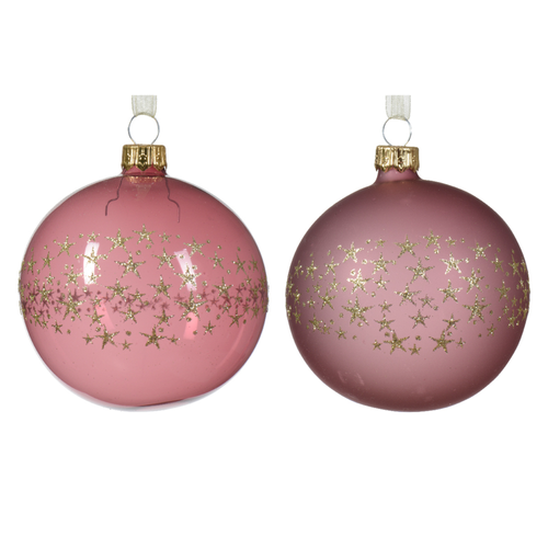 BOULE EN VERRE VIEUX ROSE AVEC ÉTOILES OR - ∅8CM