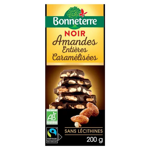 Essentiel au jardin：Chocolat noir amandes caramélisées 200 g BONNETERRE