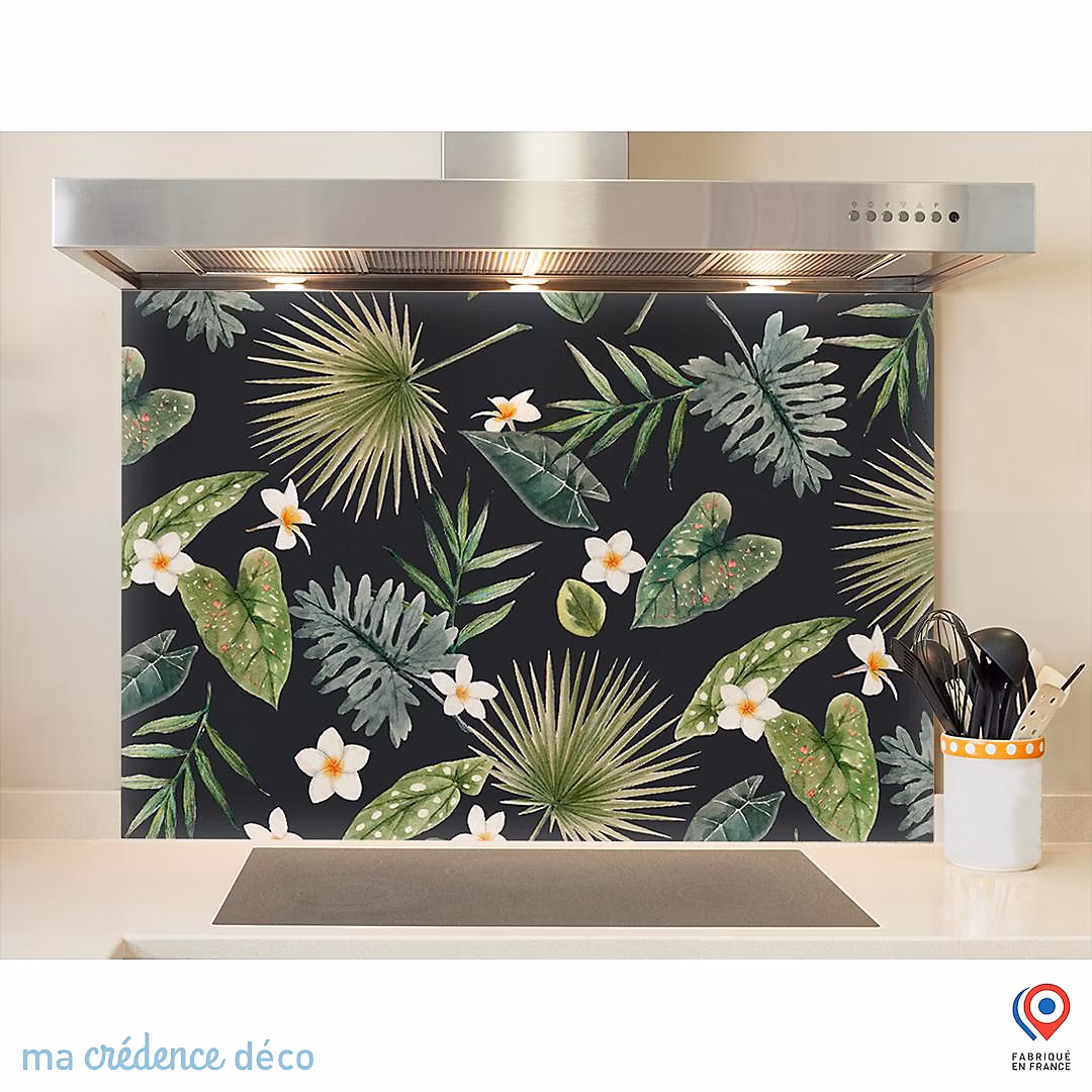 Crédence cuisine fond de hotte feuilles tropicales et aquarelle – Verre trempé | L 70 cm x H 60 cm | MaCrédenceDéco