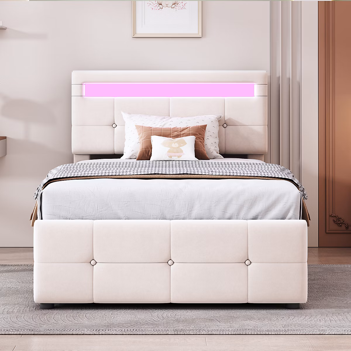 Canapé | lit 90 × 200 cm avec coffre hydraulique – éclairage LED et tête réglable en velours beige