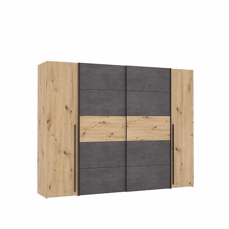 Armoire 2 portes battantes + 2 portes coulissantes | Decor chene artisan et beton gris – L 270 – 3 x P 61 – 2 x H 210 cm – NARAGO