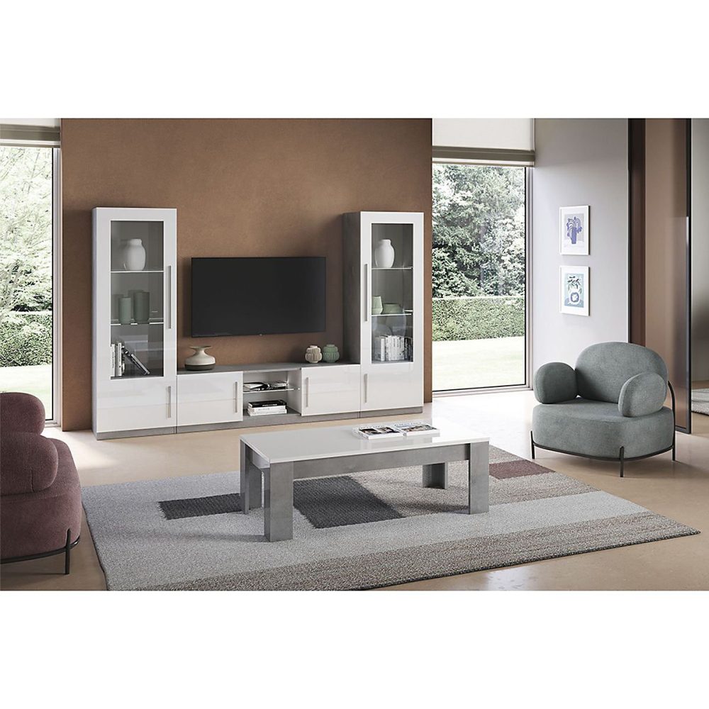 CLARK – Ensemble Salon Complet Blanc et Marbre Meuble TV et Vitrines avec Leds + Table Basse