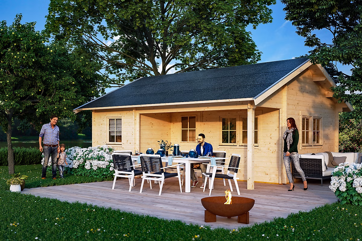 Chalet de loisirs SKAN HOLZ St. Moritz 600 × 500cm – 45mm, toit isolable (pour tuiles)