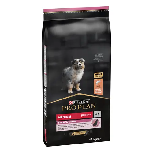 Idéal pour le jardin：Croquette pour chiot de taille moyenne peau sensible au saumon Pro Plan - 12 kg