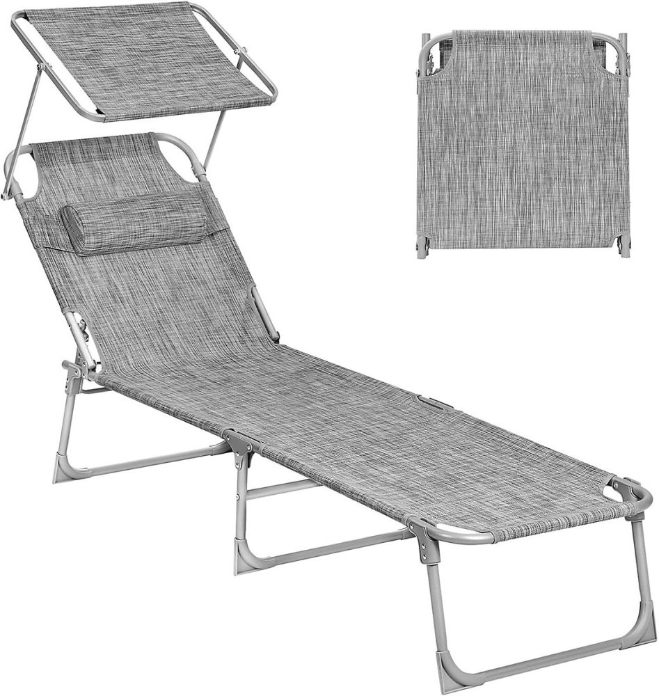 Bain de Soleil Gris avec Pare Soleil et Appuie Tete Transat Pliable 193 × 53 × 29 cm