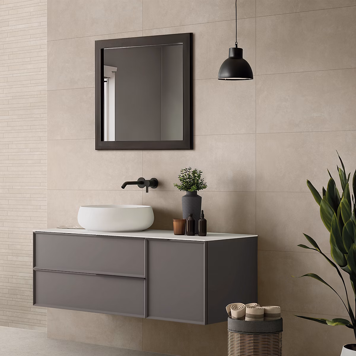 Faïence murale effet béton marron taupe satin L.90 x l.30 cm x ép.9 – 5 mm, Brush