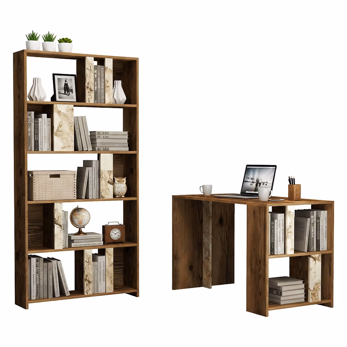 Bureau Atene – Pupitre polyvalent, Table de bureau pour PC, Plan de travail, 120 × 60h75 cm, Noyer et Marbre Blanc