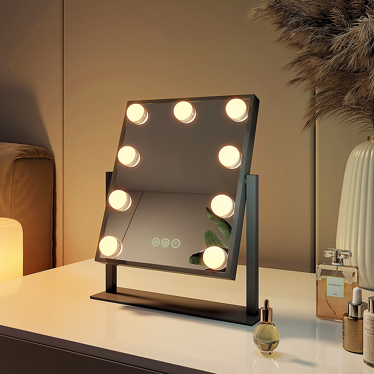 EMKE Miroir de maquillage Hollywood avec éclairage – 36 × 30.5 cm, lumière variable, dimmable, 7X, rotatif, noir