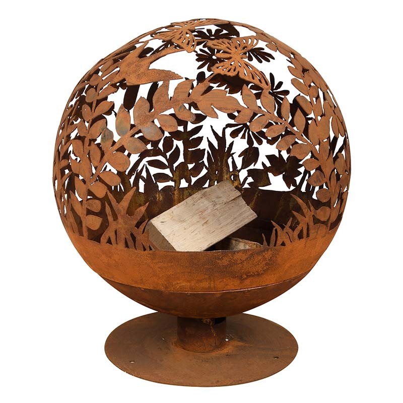 Brasero rond découpe laser motif fleurs couleur rouille