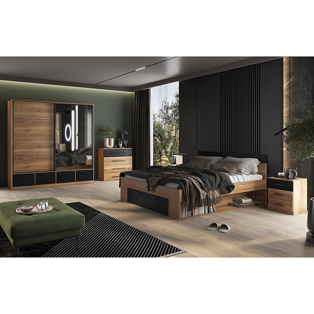 Chambre à coucher design collection EOS : Armoire – Lit 180 × 200, commode, chevets. Couleur chene clair et noir