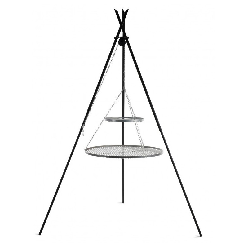 Barbecue 2 Grilles de Cuisson suspendu «TIPI» sur Trépied 210 cm – en acier inox 70 cm et 40 cm - Réf 111448