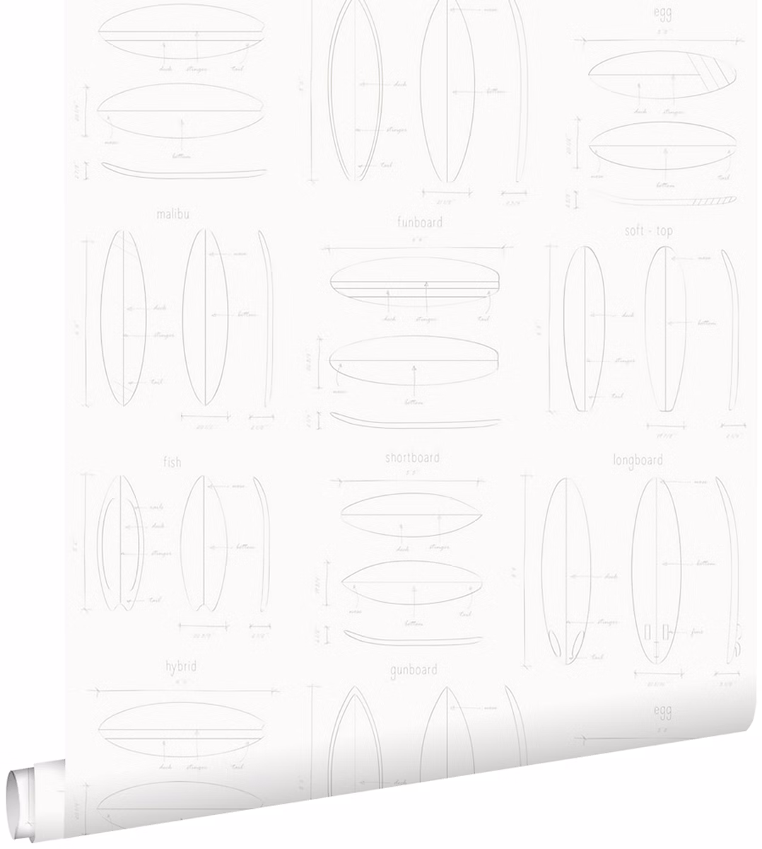 ESTAhome papier peint dessins techniques de planches de surf blanc et argent 53 cm x 10.05 m | Papier peint