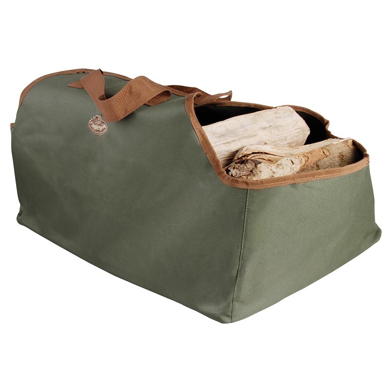 Sac porte bûches vert pour rangement bois de chauffage