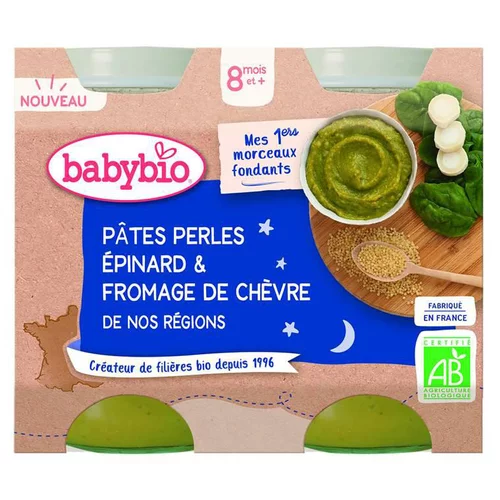 Sélection pour votre jardin：Petits pots pour bébé dès 8 mois pâtes, épinards et fromage de chèvre Babybio Bonne nuit Mes 1ers morceaux fondants – 2 x 200 g