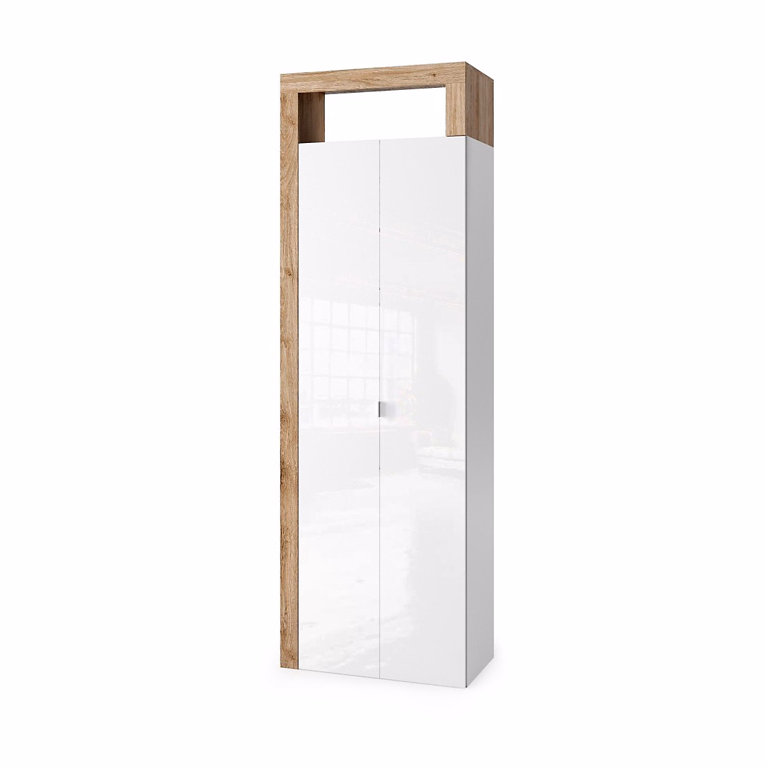 Armoire de salle de bains – 2 portes | collection BURA. Coloris blanc brillant laqué et chene clair