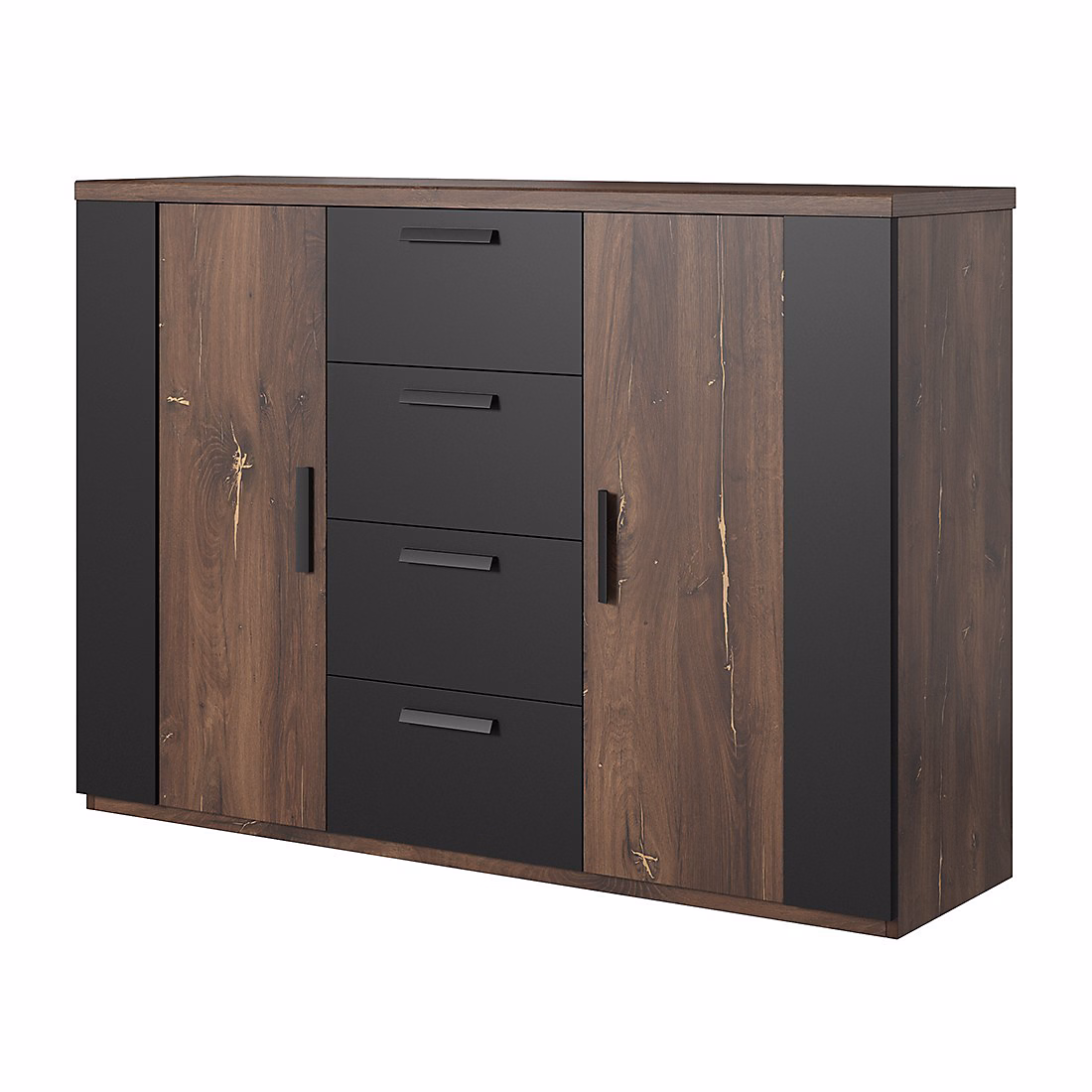 Meuble – Commode design 2 portes et 4 tiroirs 130 cm Chene foncé et noir Collection FOX