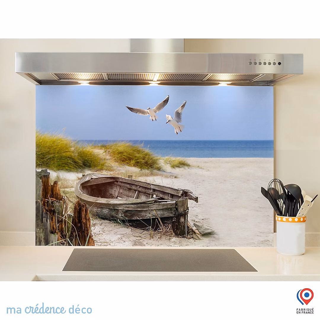 Crédence cuisine fond de hotte Dunes et mouettes | Verre trempé – L 90 cm x H 60 cm – MaCrédenceDéco