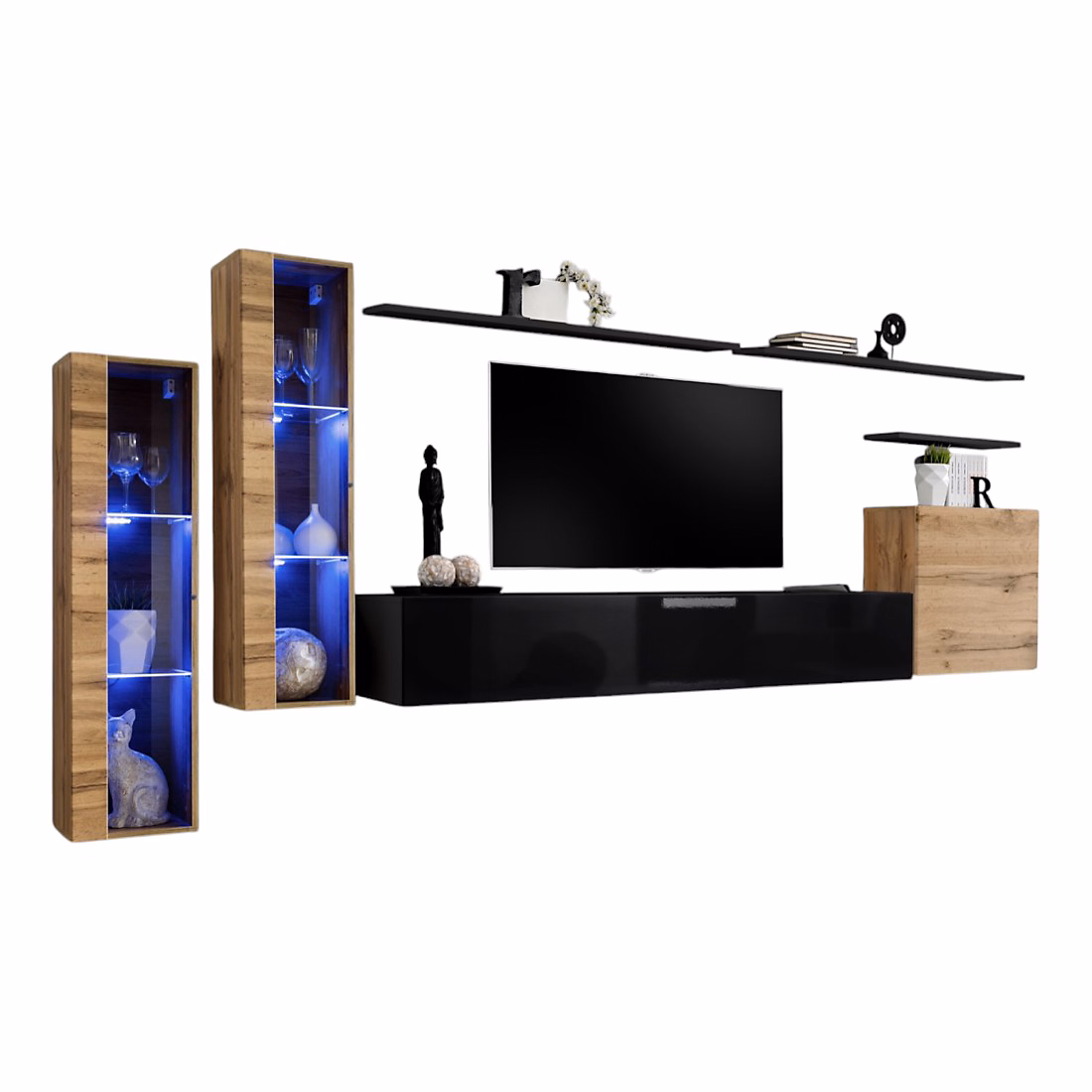 Composition murale SWITCH XI Meuble TV – vitrines suspendues, cube et étagères Noir brillant et chene Wotan Design moderne