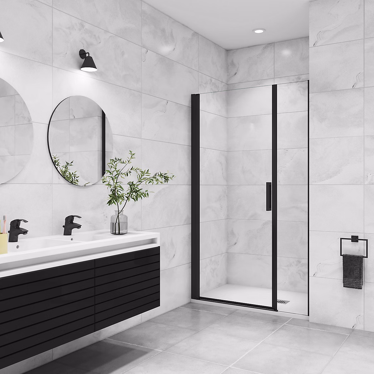 AICA porte de douche pivotante 110 × 200cm avec un élément fixe Porte de douche noire Hauteur 200cm en 8mm verre anticalcaire