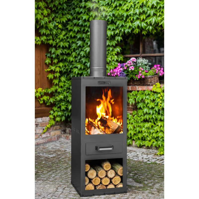 Cheminée extérieur ROSA 150 cm - Foyer acier avec rangement bois