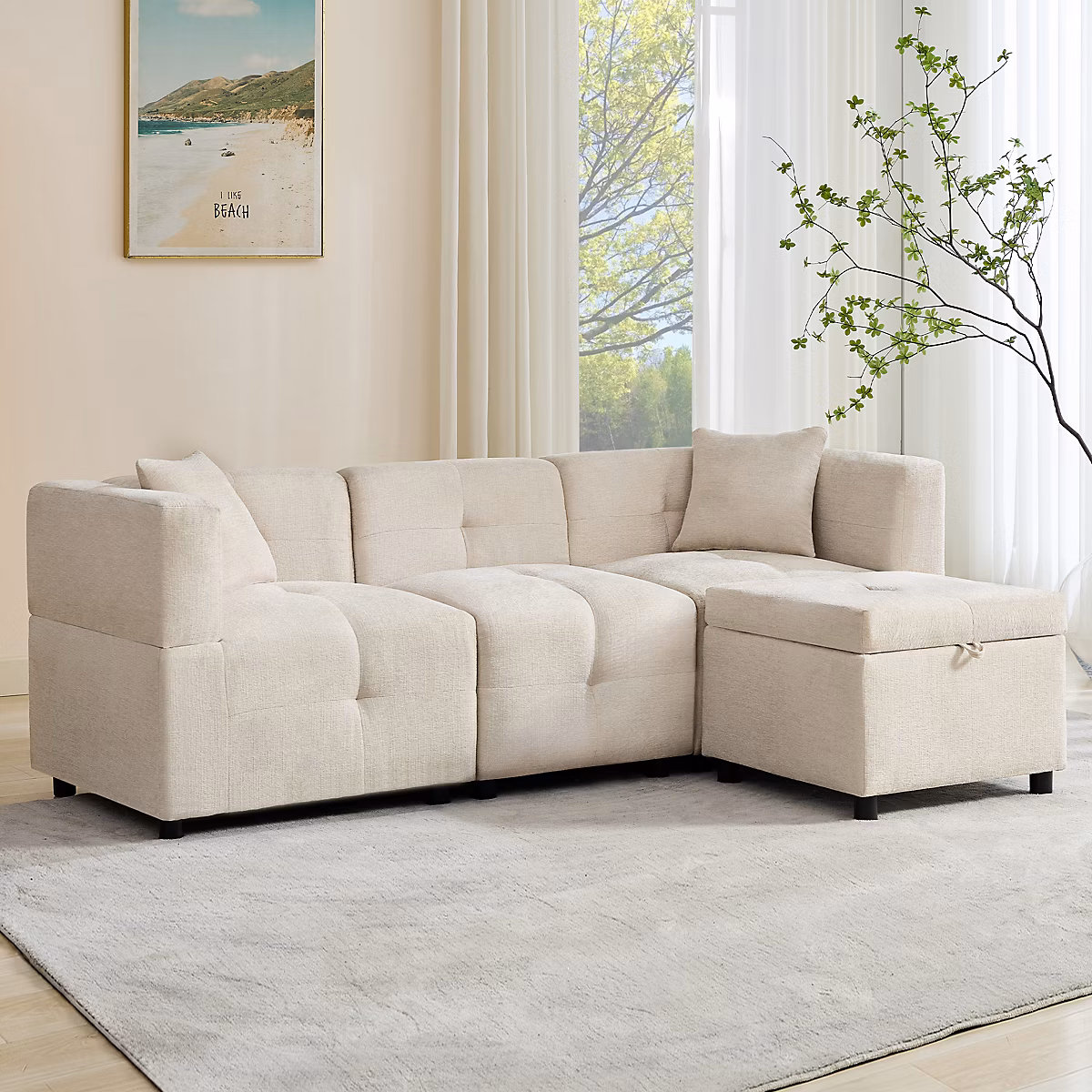 Canapé d'angle – 3 places, avec rangement, tabouret amovible, 2 coussins