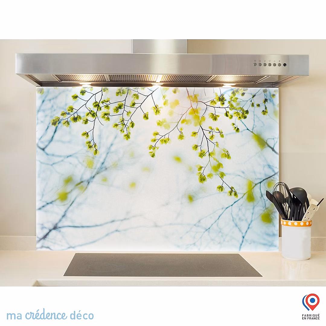 Crédence cuisine fond de hotte feuilles et lumière – Verre trempé, L 90 cm x H 60 cm, MaCrédenceDéco