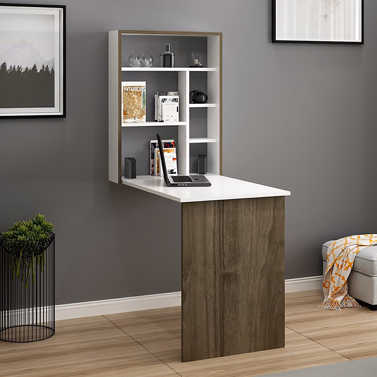 Bureau mural Greve rabattable avec étagère intégrée 82 × 62 × 16 cm blanc effet noyer en.casa