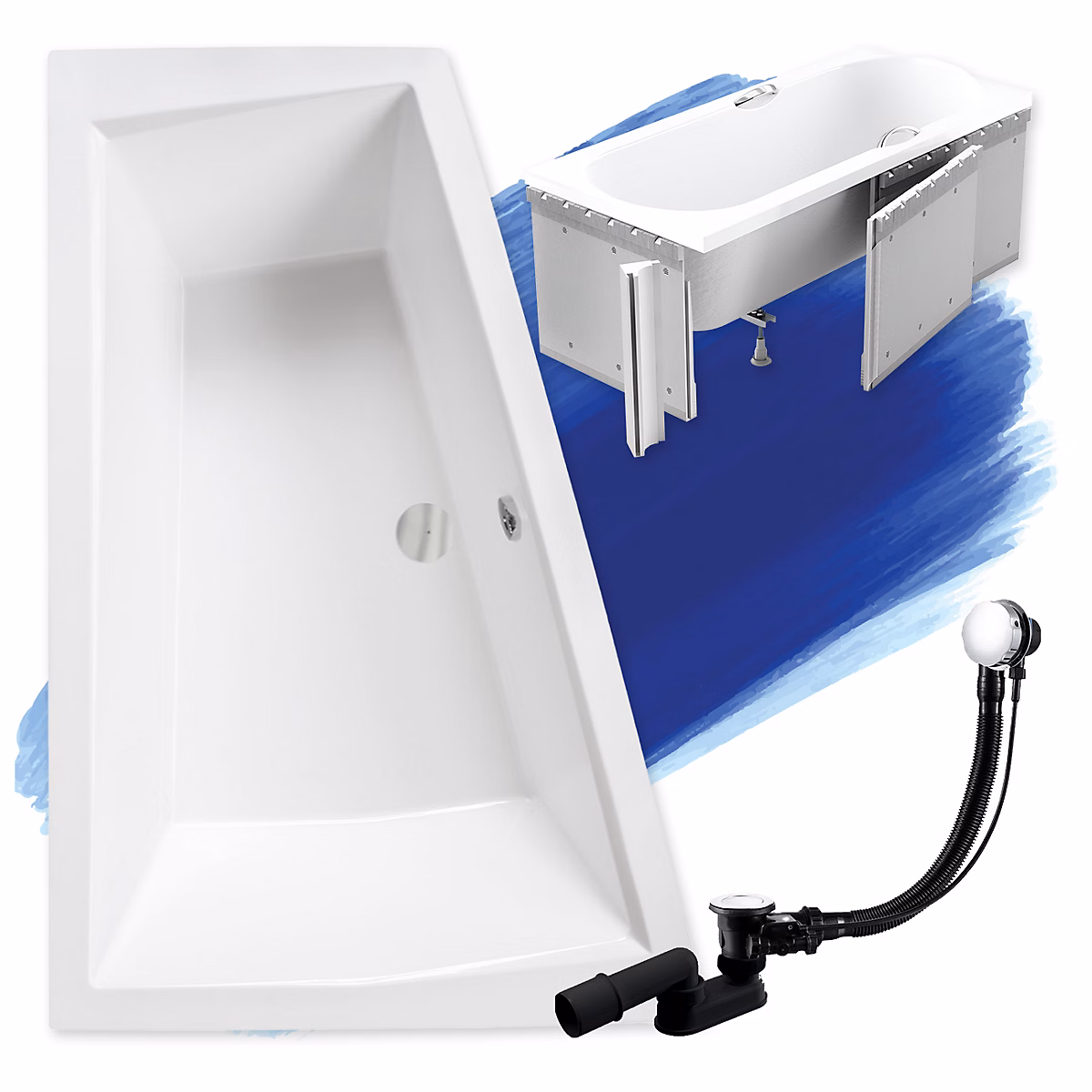 Baignoire asymétrique 170 x 125 Gauche INTIMA acrylique blanc + Habillage en polystyrène + Pieds + Vidage à chromé | Baignoire
