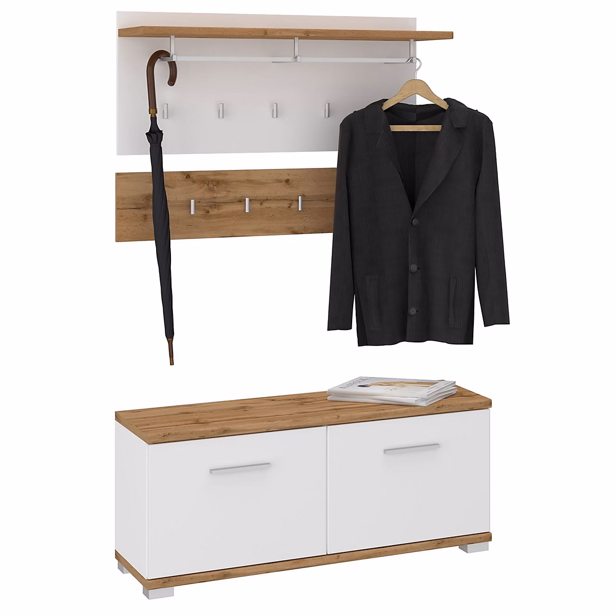 Ensemble banc à chaussures et porte manteau mural VIELLA en mélaminé couleur chêne wotan et blanc – Réf. VSTJNJOXN5768340817