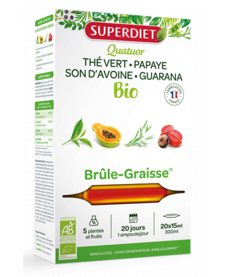Super Diet - Quatuor brule graisse bio Guarana Thé vert Papaye Son d'avoine Bio - 20 ampoules de 15ml