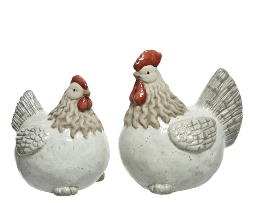Idée simple：Poule décorative coloris blanc en terre cuite - 8,5 x 13 x 13,5 cm