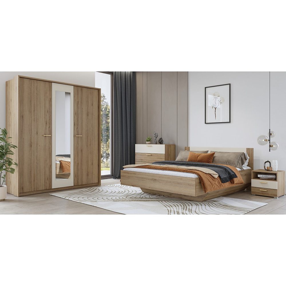 Chambre complète VERTIGO Lit coffre 180 × 200 – 2 chevets, armoire 3 portes, commode et cadre design