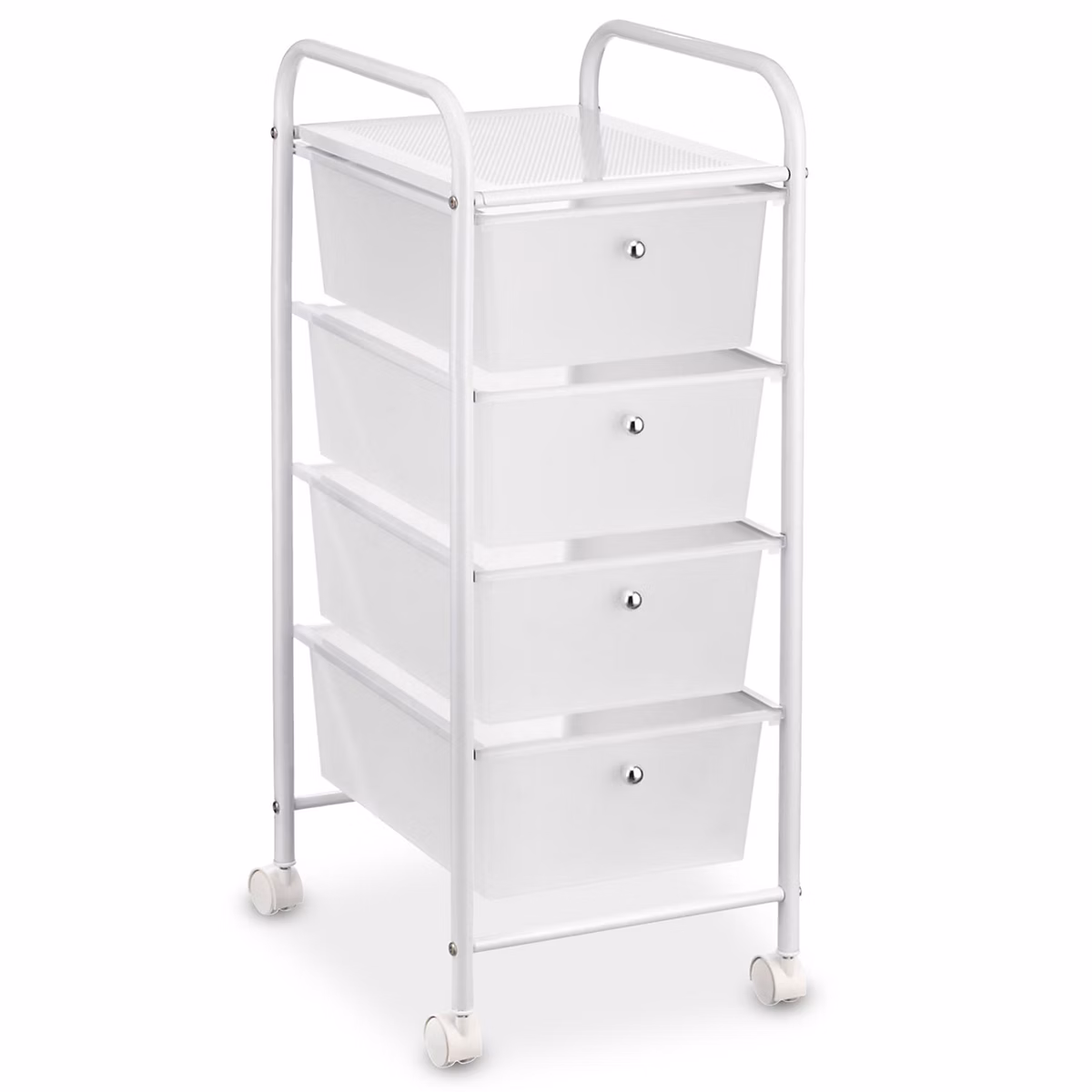 Caisson sur roulettes GINA – en métal laqué blanc avec 4 tiroirs en plastique blanc