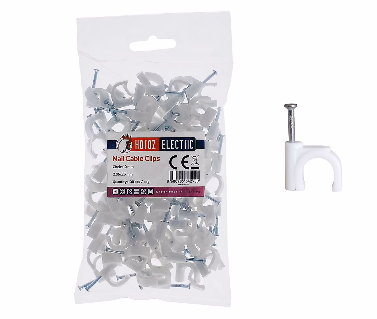 Crochets fixation / Clips de Câble ronds type FLOP fi 10 mm – blancs, boîte de 100 pcs