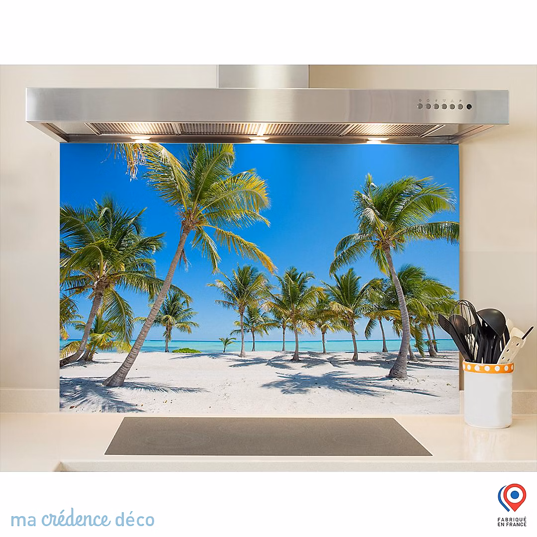 Crédence cuisine fond de hotte Plage et palmiers – Verre trempé, L 70 cm x H 60 cm, MaCrédenceDéco