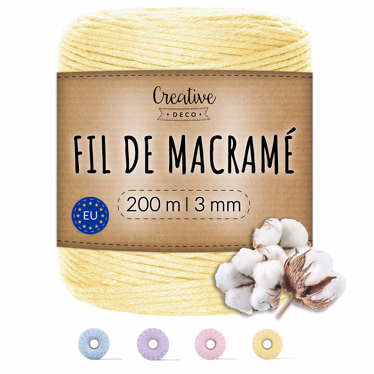 Creative Deco 3mm x 200m Corde Macramé Jaune Pastel – Fil de Coton et Polyester +/- 0.5 mm Épaisseur, 30 Plis, Ficelle Naturel