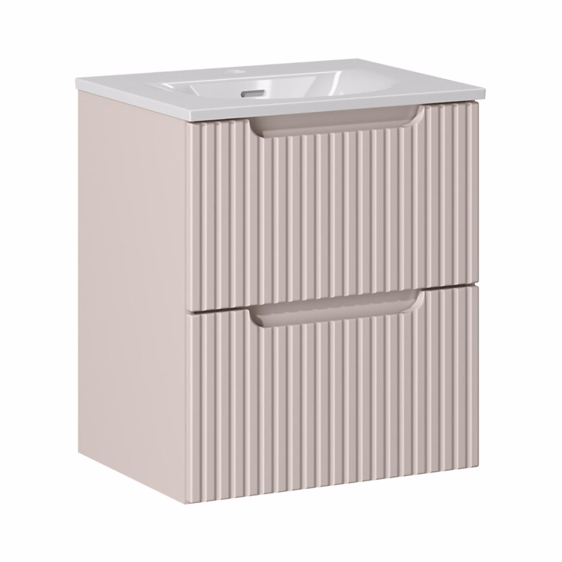 Meuble vasque – Ensemble VANO cachemire et blanc 50cm : meuble sous vasque à tiroirs rainuré verticalement et vasque encastrée blanche