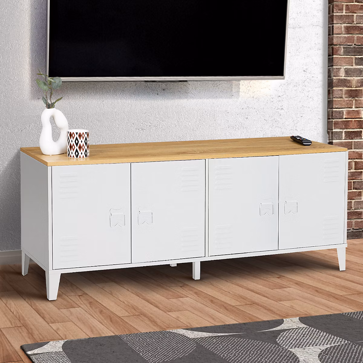 Buffet bas 140 cm ESTER 4 portes métal blanc plateau bois design industriel – Réf. BRWBCTKEL6490911806