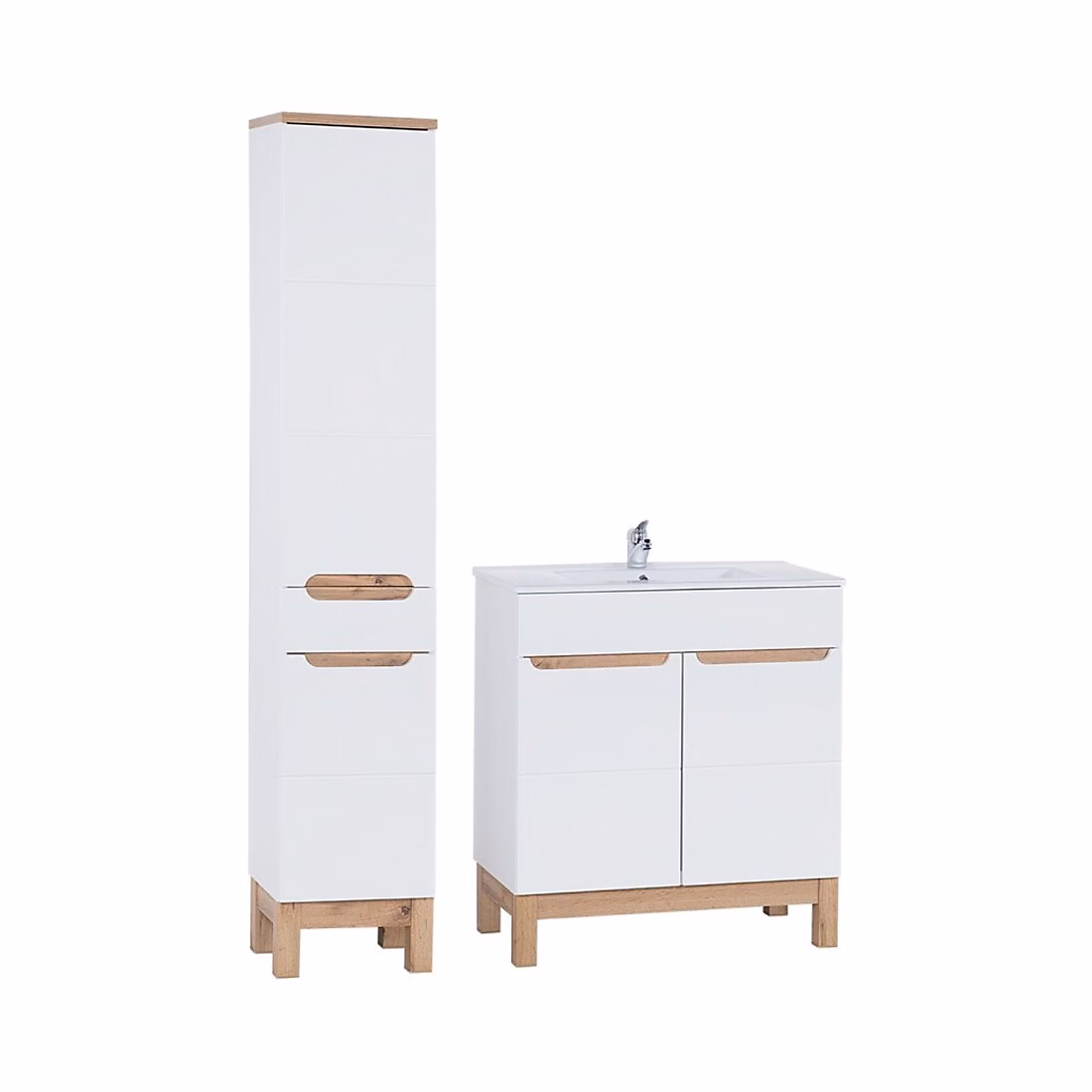 Ensemble de salle de bain ERMANO : meuble sous vasque 80cm et vasque à encastrer rectangulaire et siphon et colonne – Réf. OMCYMLSTG9654720093