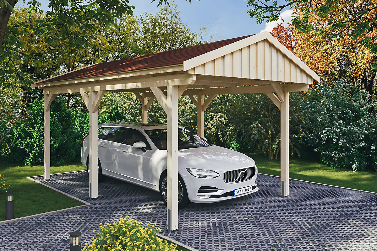 Carport SKAN HOLZ Fichtelberg 317 × 566 cm – avec bardeaux rouge | non traité
