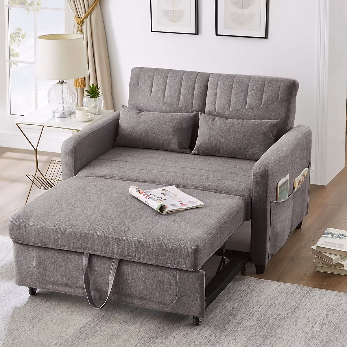 Canapé Convertible 2 Places – Moderne Canapé Convertible avec Fonction De Couchage, Poches Accoudoirs, Mousse, gris